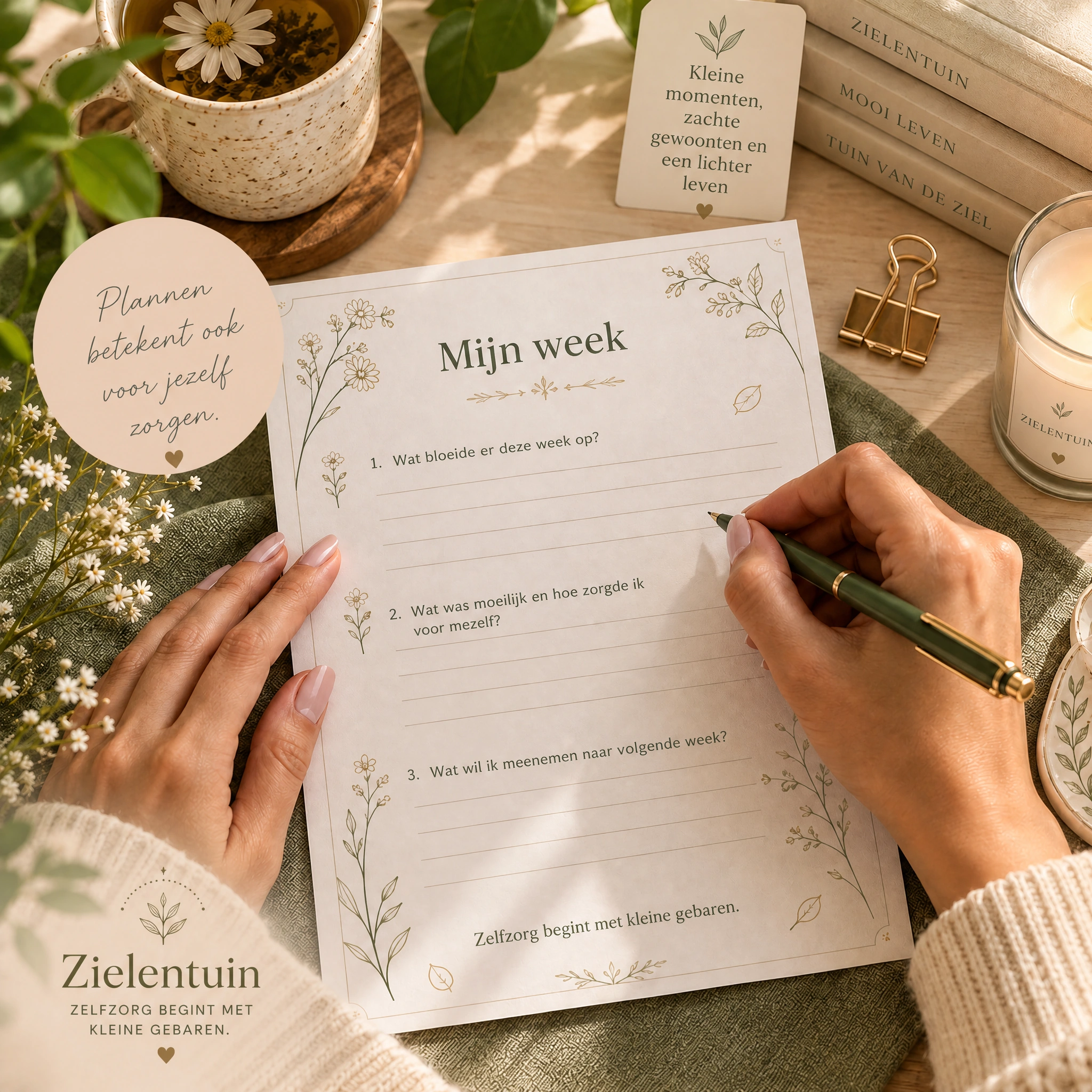Mijn week uit Zielentuin op een tafel met thee en bloemen