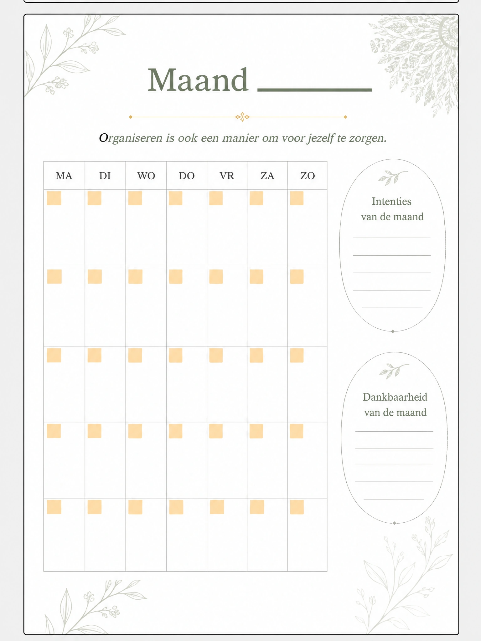 Maandoverzicht met kalender, intenties en dankbaarheid